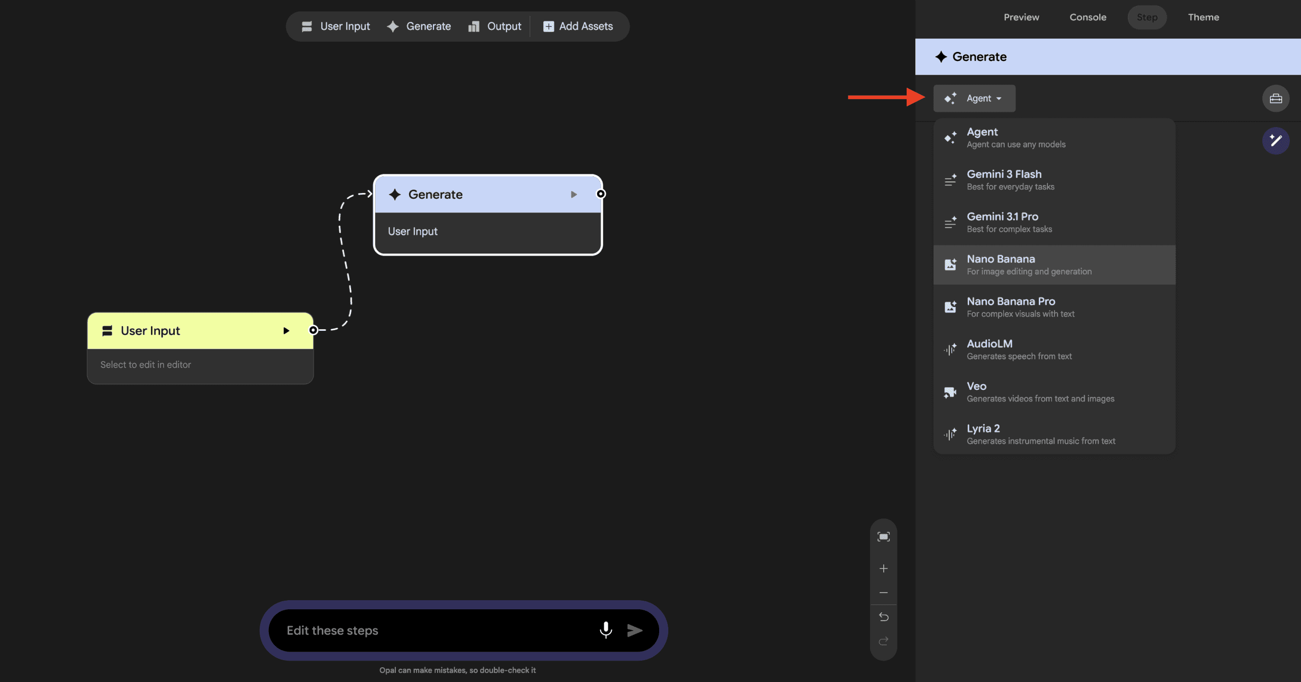 A screenshot of the Generate step's model selector dropdown, with Agent visible and highlighted at the top of the list, sitting above Gemini Flash, Gemini Pro, and the other named models below it