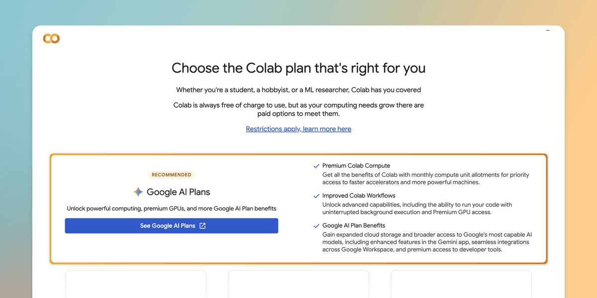 Google AI พ่วงสิทธิพรีเมียม Colab ให้สมาชิกใช้งาน GPU แรงขึ้น
