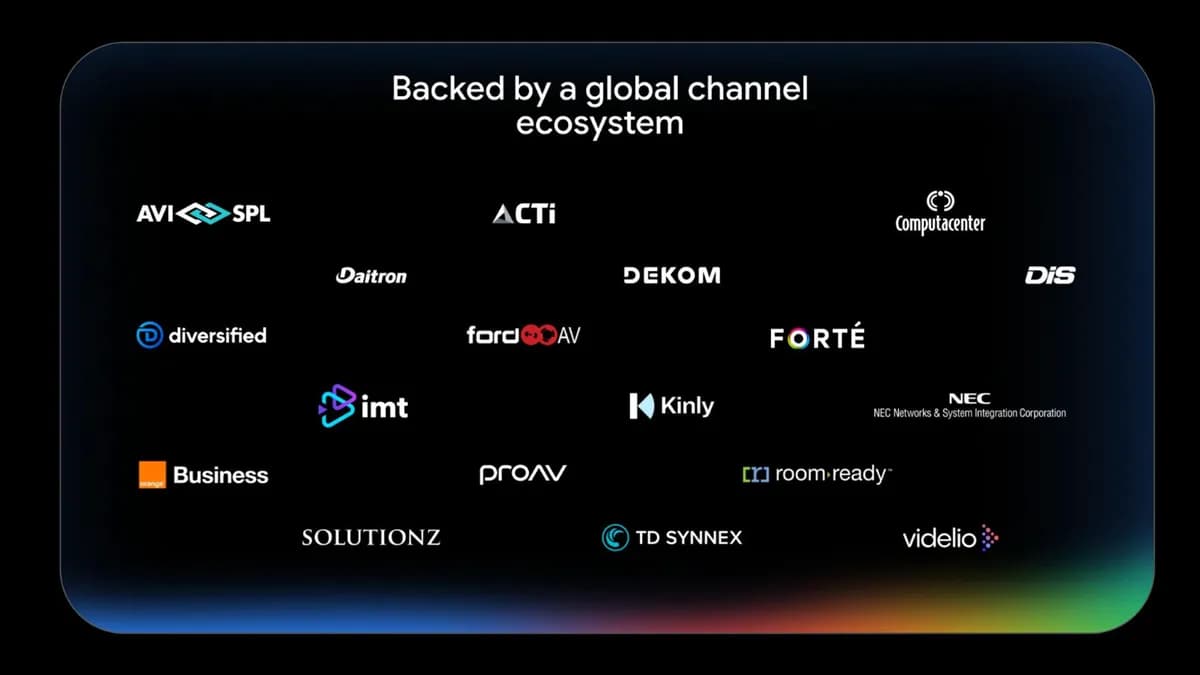 Static image showcasing Google Beam’s global ecosystem of 18 audiovisual integrators and distributors who are fully equipped to deploy and support Beam.