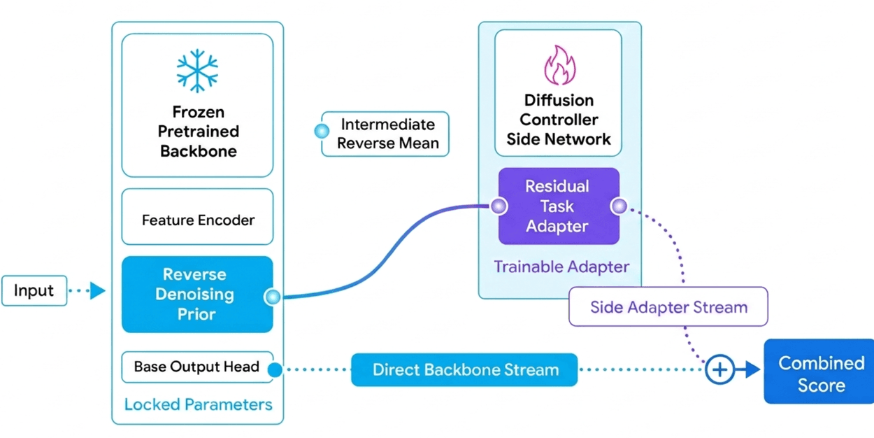 A system architecture diagram illustrating the flow of data from an input through a frozen pretrained backbone and a trainable Diffusion Controller side network to produce a combined score.