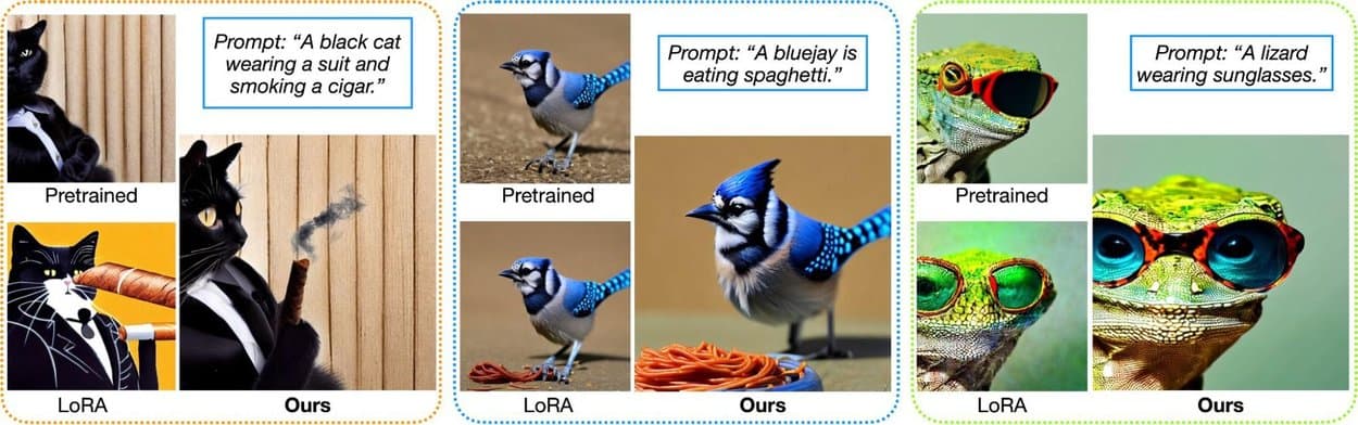 A visual comparison matrix showing AI-generated images of a cat, a bluejay, and a lizard created by Pretrained, LoRA, and "Ours" models based on specific text prompts.