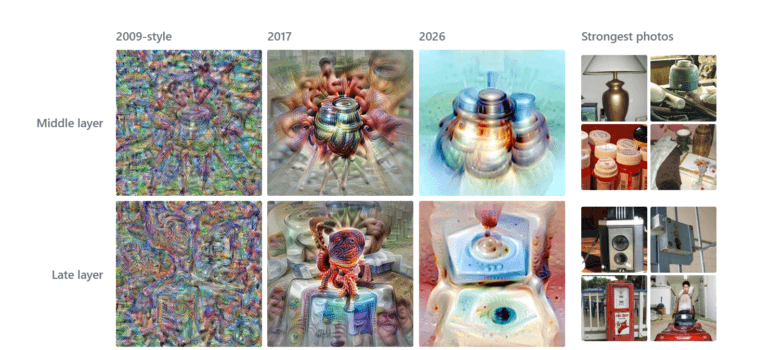 Vergleich zweier Neuronen mit drei Visualisierungsmethoden und zugehörigen Fotobeispielen.