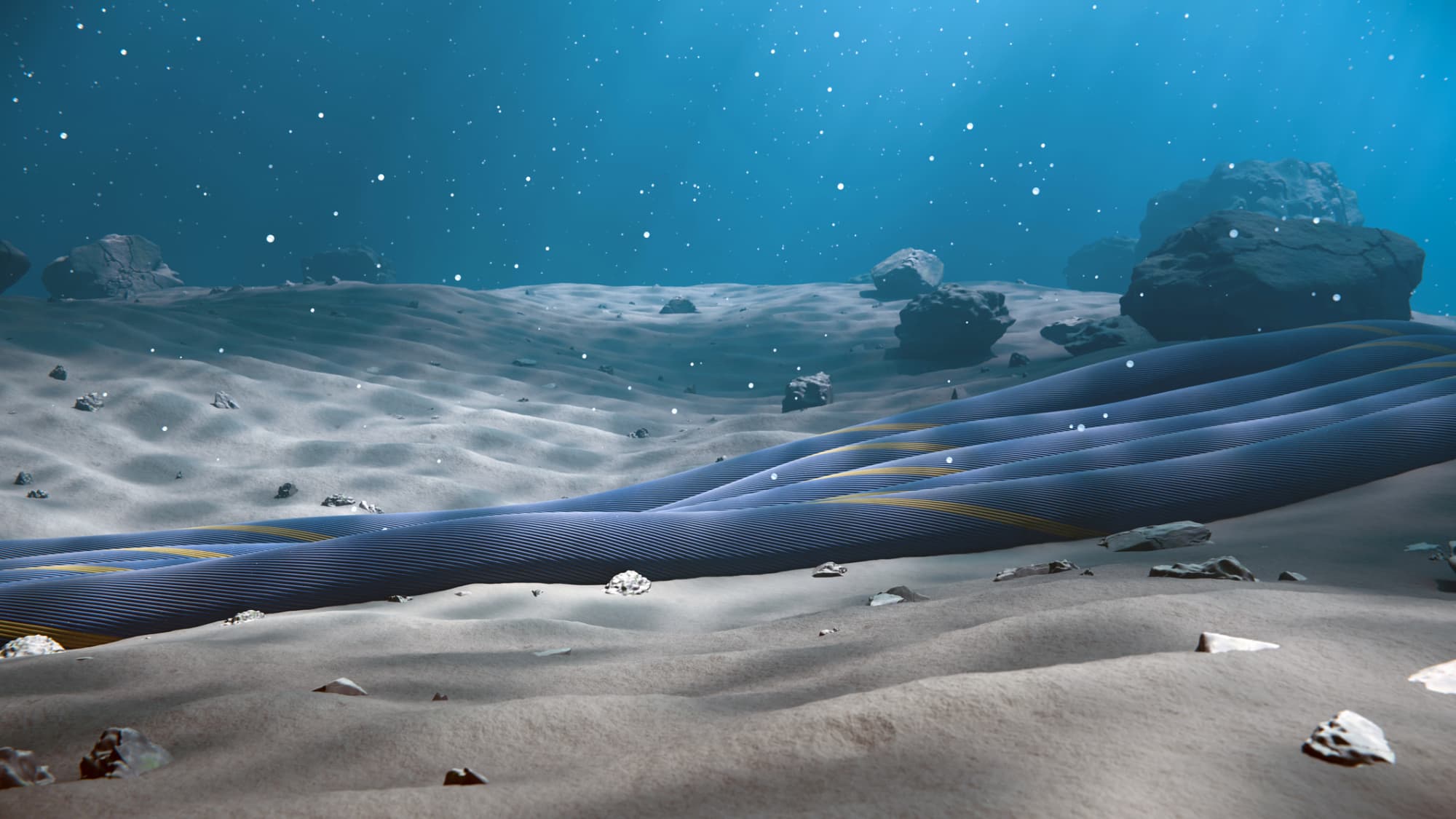 CGI models of undersea internet cables on the ocean floor.